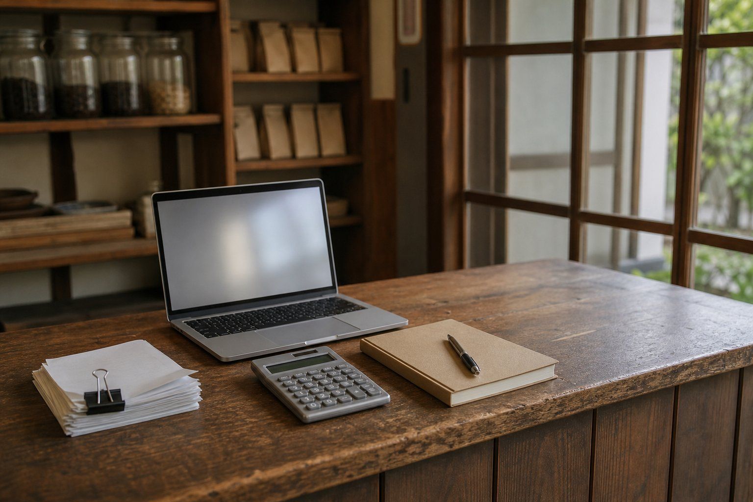 小さな店の木のカウンター。クリップで留めたレシートの束、ノートPC、電卓、ノートとペンが並ぶ