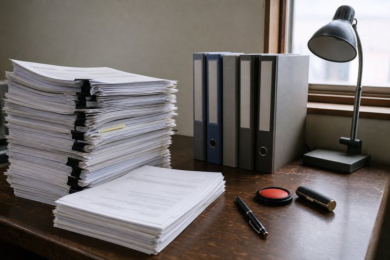 事務所の机。積み上げた書類の束とファイル、ボールペン、朱肉と印鑑ケース
