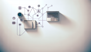 ノートPC周りに配置された業務アイコンがAIで連携されるイメージ